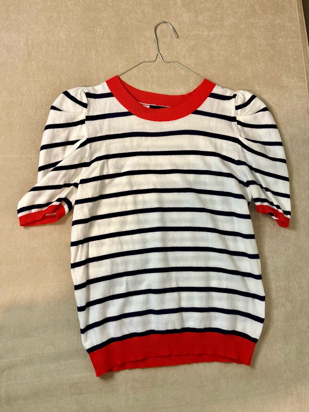 Striped Puff Sleeve Knit Top in White, Navy & Red